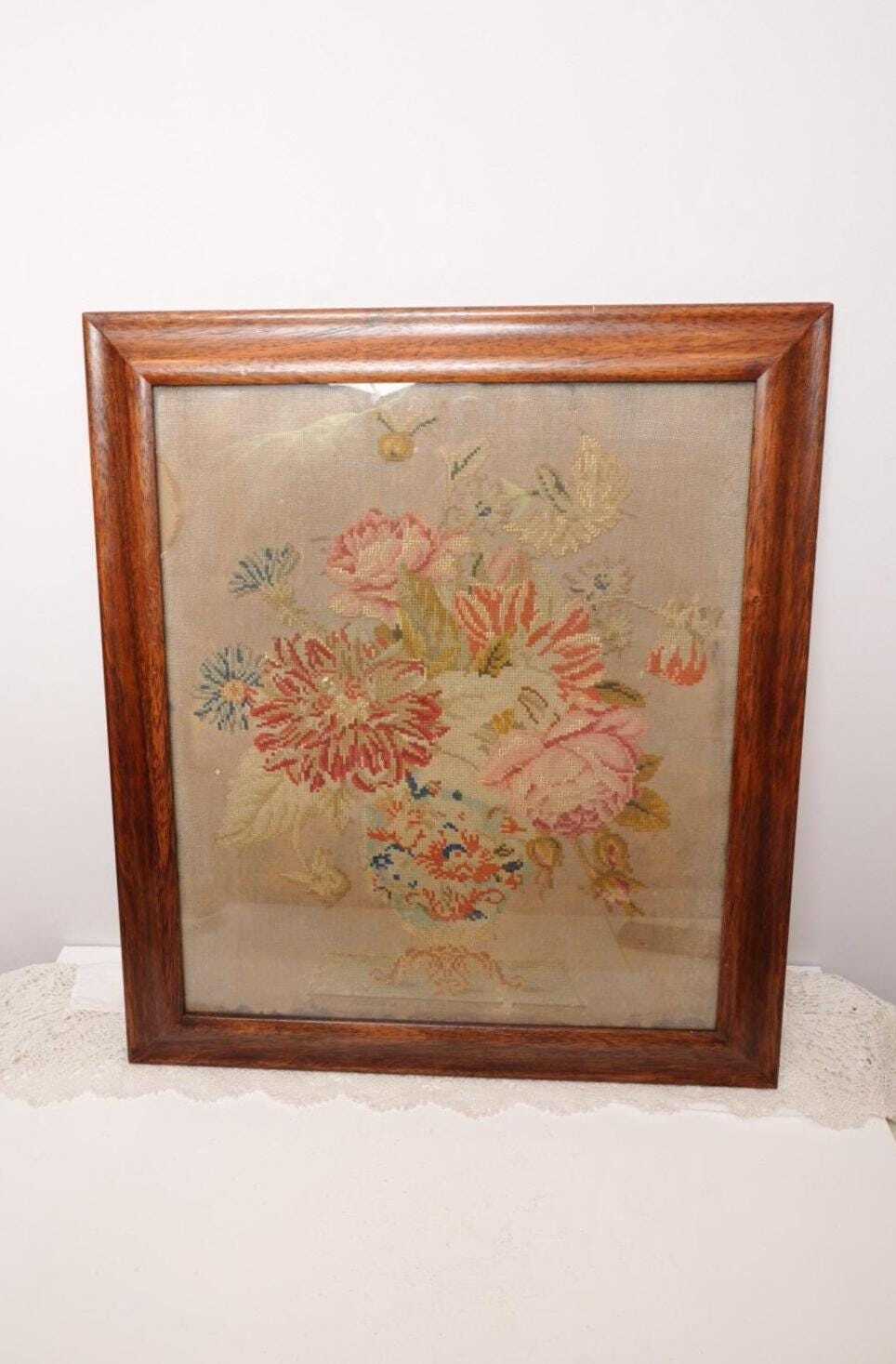 Victorian Framed Floral Needlepoint Tapestry