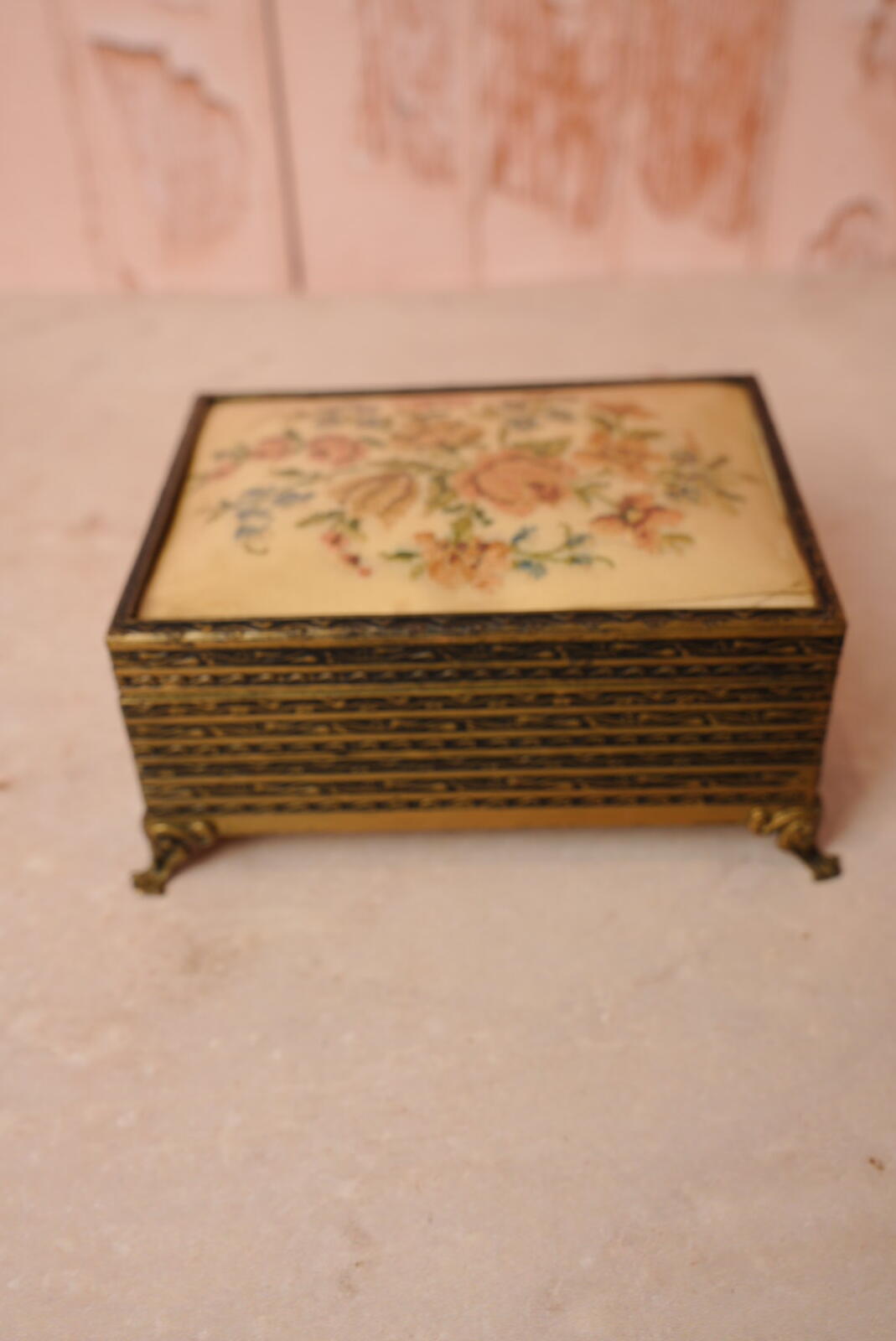 Vintage Floral Needlepoint Jewellery Box