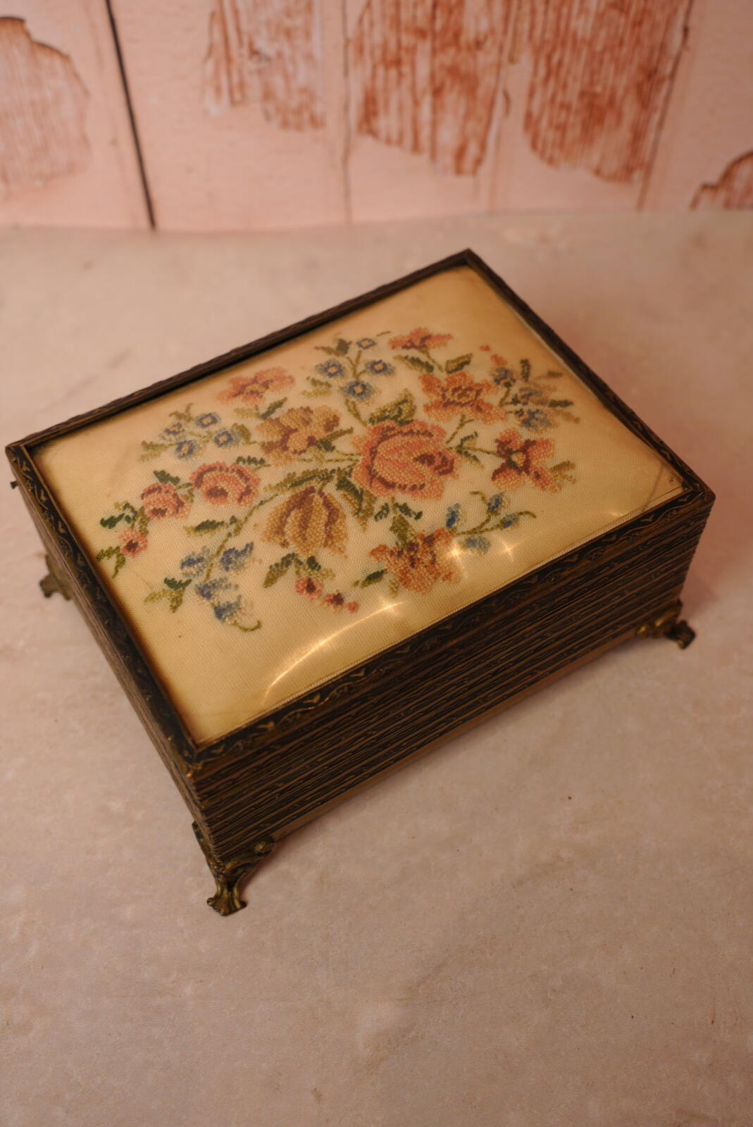 Vintage Floral Needlepoint Jewellery Box