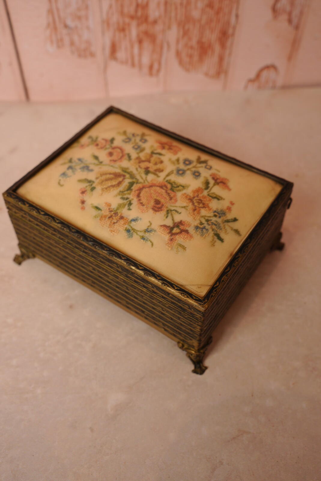 Vintage Floral Needlepoint Jewellery Box
