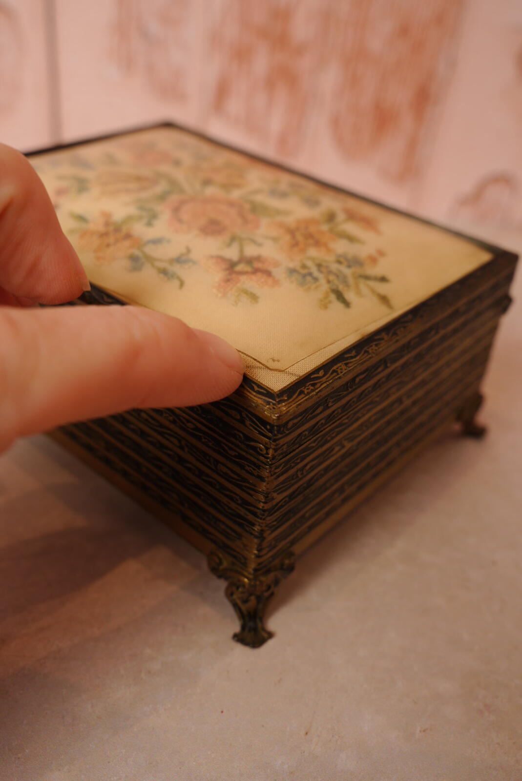 Vintage Floral Needlepoint Jewellery Box