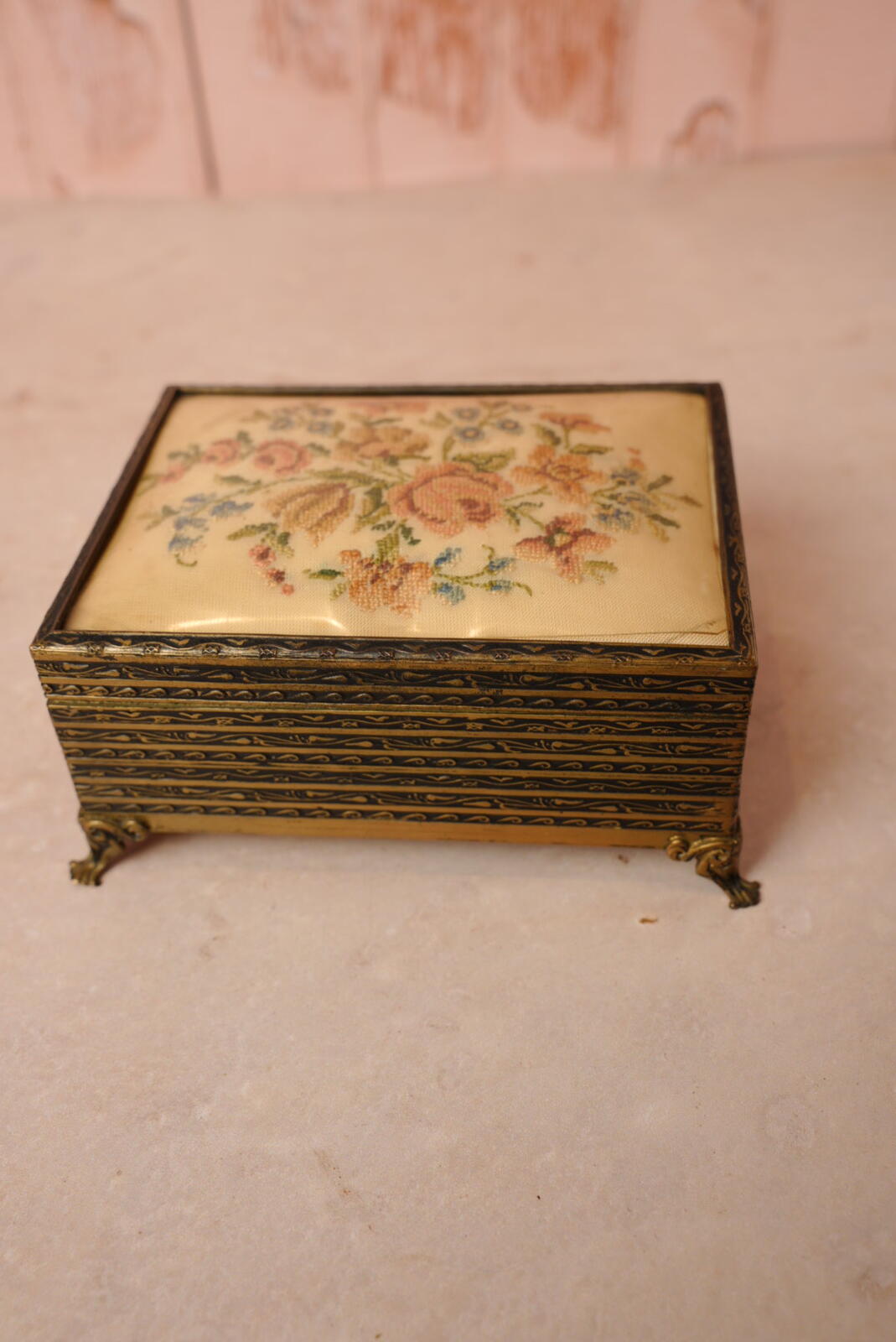 Vintage Floral Needlepoint Jewellery Box